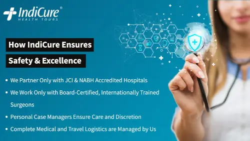 A gloved hand holding a stethoscope with a safety shield icon, emphasizing how IndiCure assures excellence by partnering only with JCI and NABH accredited hospitals for discreet plastic surgery options in India.